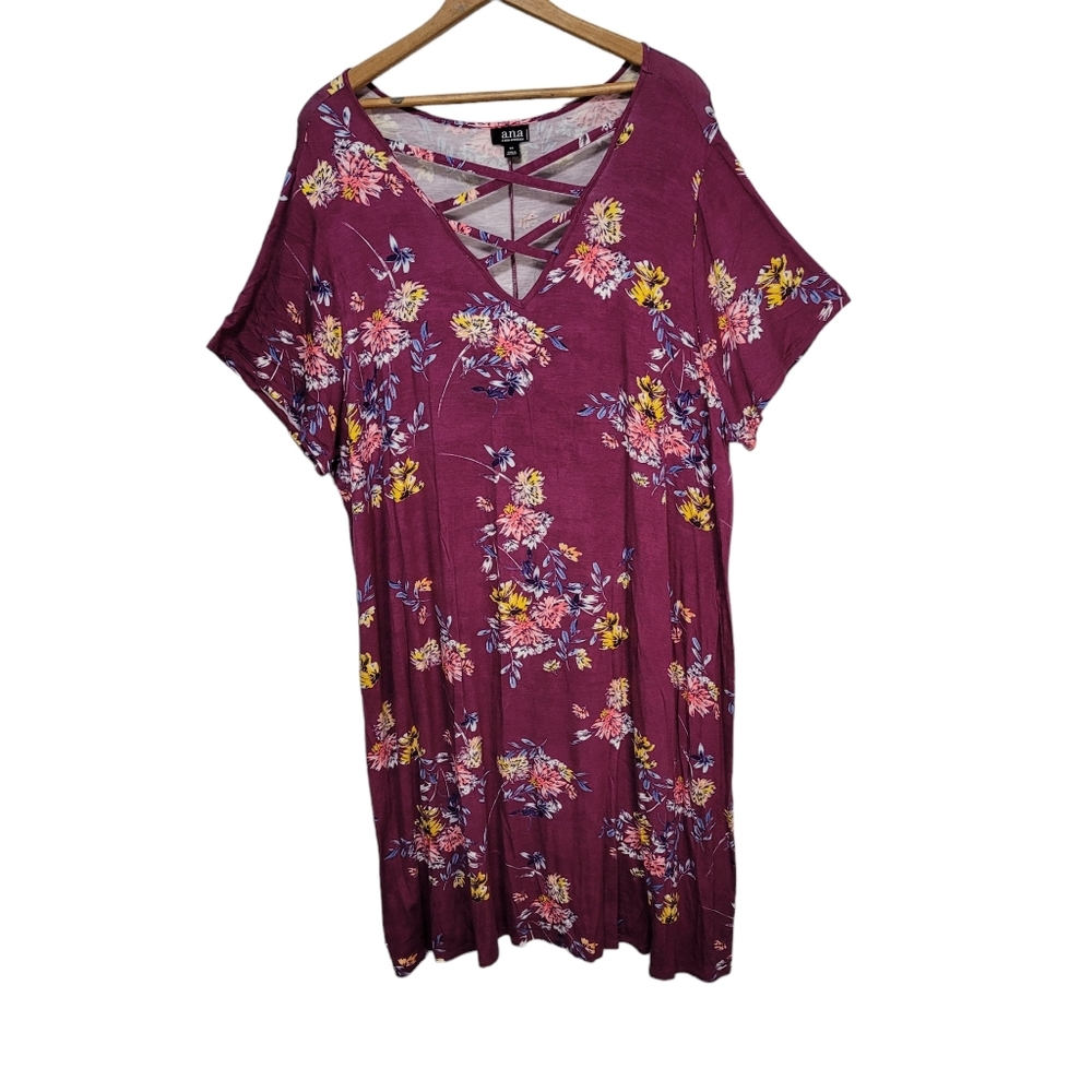 A.N.A. Purple Floral V-neck Cross Strap Short Sleeve Dress Size 2X Casual